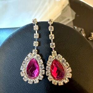 Rose Pink Rhinestone and Silver Teardrop Statement Pierced Earrings. 1.5” long